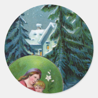 Vintage Christmas Scene Classic Round Sticker