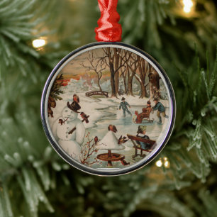 Vintage Christmas scene ice skating Metal Ornament