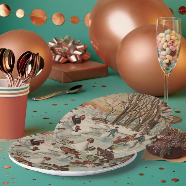 Vintage Christmas scene ice skating Paper Plates (Multi)
