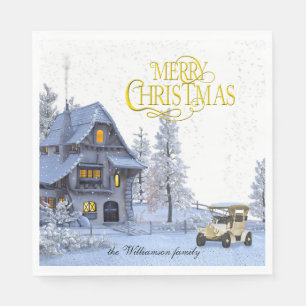 Vintage Christmas scene Merry Christmas and Photo Napkins