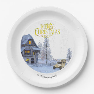 Vintage Christmas scene Merry Christmas and Photo Paper Plates