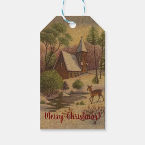 Vintage Christmas scene Snowy Landscape with Deer Gift Tags