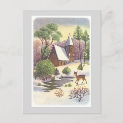 Vintage Christmas scene Snowy Landscape with Deer Holiday Postcard