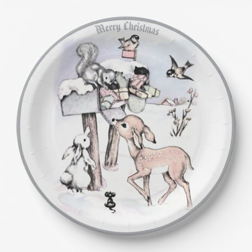 Vintage Christmas Scene with Animals  Mailbox Paper Plates