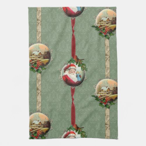 Vintage Christmas Scenes and Damask Towel