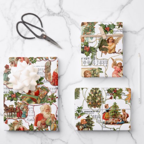Vintage Christmas Scenes Holly  Music Collage Wrapping Paper Sheets