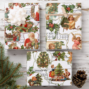 Vintage Christmas Scenes, Holly & Music Collage Wrapping Paper Sheets