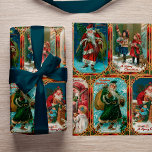 Vintage Christmas Scenes in Gold Gothic Borders Wrapping Paper<br><div class="desc">Festive and colorful vintage repeating holiday pattern featuring restored Victorian greeting card illustrations depicting scenes of Father Christmas and children,  each framed in an ornate,  Gothic stained glass style ornamental gold borders.</div>