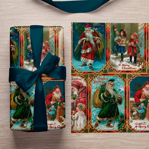Vintage Christmas Scenes in Gold Gothic Borders Wrapping Paper