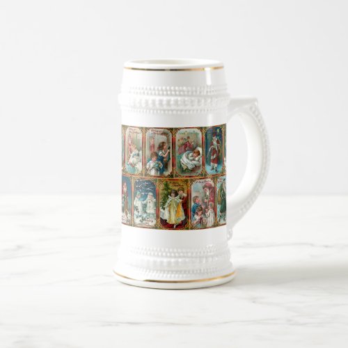 Vintage Christmas Scenes in Ornate Gold Borders Beer Stein