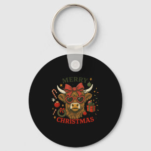 Vintage Christmas Scottish Highland Cow Santa Xmas Keychain