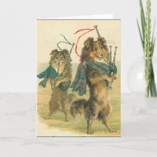 Vintage Christmas Scottish piper dogs collies Holiday Card