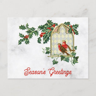 Vintage Christmas Seasons Greetings Holly Bird Postcard