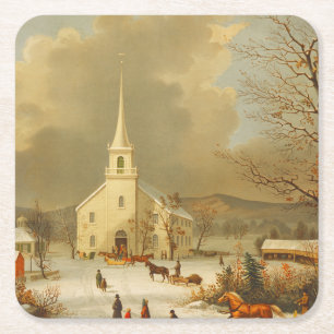Vintage Christmas Services Painting Square Paper Coaster