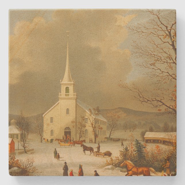 Vintage Christmas Services Painting Stone Coaster (Front)