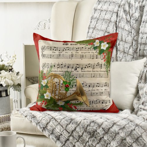 Vintage Christmas Sheet Music French Horn Throw Pillow