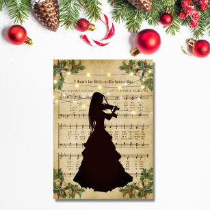 Vintage Christmas Sheet Music Girl and Violin Holiday Card