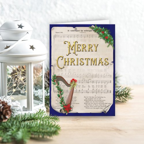 Vintage Christmas Sheet Music Harp Holiday Card