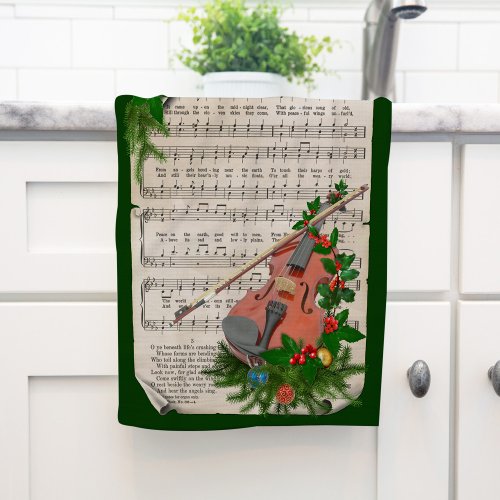 Vintage Christmas Sheet Music with Festive Violin Kitchen Towel