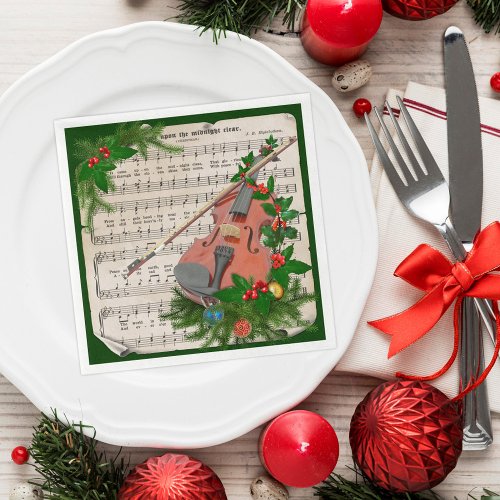 Vintage Christmas Sheet Music with Festive Violin Napkins