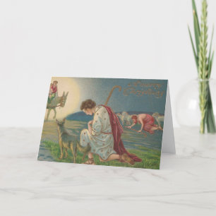 Vintage Christmas Shepherds Kneel Down to Pray Holiday Card