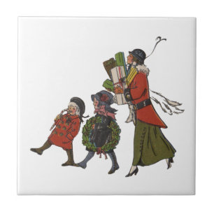 Vintage Christmas Shopping Family Fun Tile