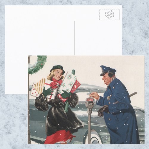 Vintage Christmas Shopping Presents Policeman Holiday Postcard