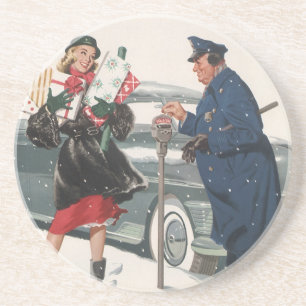 Vintage Christmas, Shopping Presents Policeman Sandstone Coaster