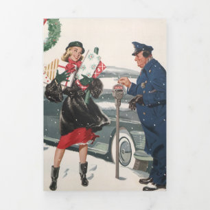 Vintage Christmas, Shopping Presents Policeman Tri-Fold Holiday Card