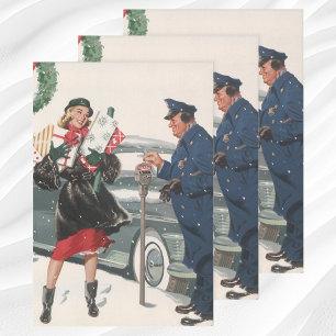 Vintage Christmas, Shopping Presents Policeman Wrapping Paper Sheets