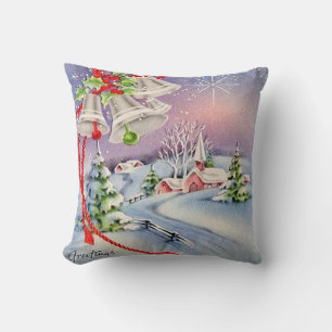 Vintage Christmas Silver Bells Church Winter Day Throw Pillow