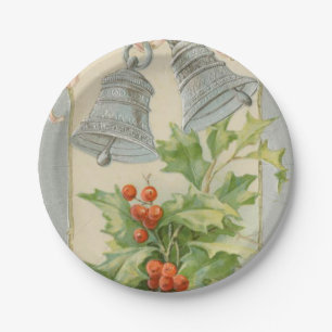 Vintage Christmas Silver Bells & Holly Paper Plates