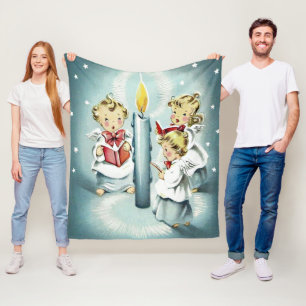 Vintage Christmas Singing Angels Blue Candle Fleece Blanket