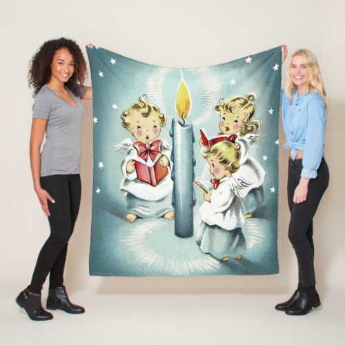 Vintage Christmas Singing Angels Blue Candle  Fleece Blanket