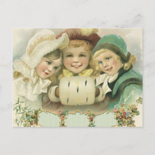 Vintage Christmas Sisters Victorian Children Holiday Postcard
