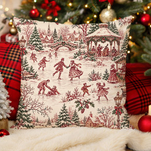 Vintage Christmas Skating Festival Toile Pattern Throw Pillow