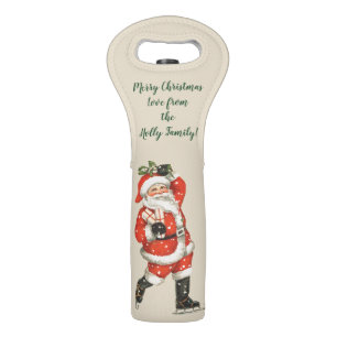 Vintage Christmas, Skating Santa Claus w Mistletoe Wine Bag