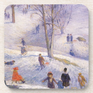 Vintage Christmas, Sledding, Central Park Glackens Beverage Coaster