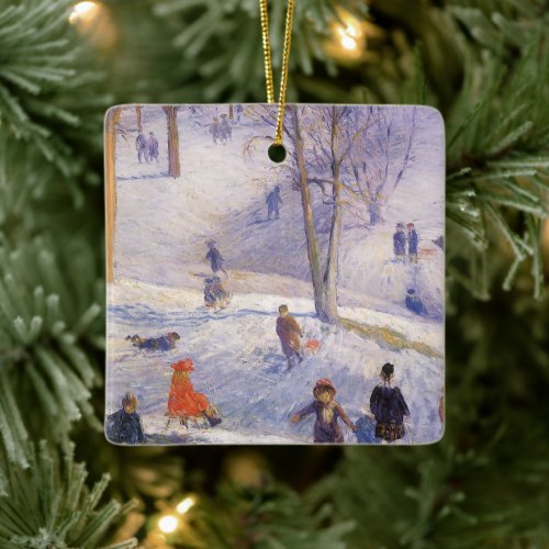 Vintage Christmas Sledding Central Park Glackens Ceramic Ornament