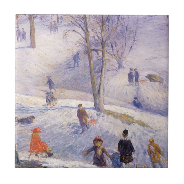 Vintage Christmas, Sledding, Central Park Glackens Ceramic Tile (Front)