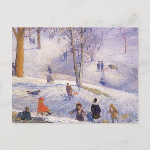 Vintage Christmas Sledding Central Park Glackens Holiday Postcard