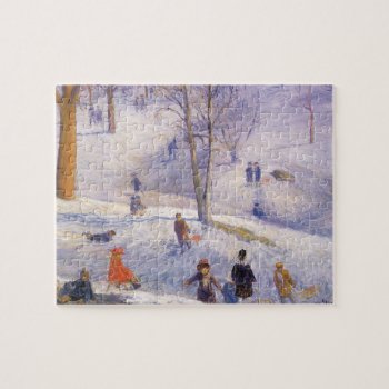 Vintage Christmas  Sledding  Central Park Glackens Jigsaw Puzzle by ChristmasCafe at Zazzle
