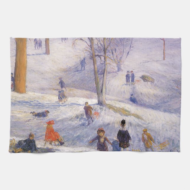 Vintage Christmas, Sledding, Central Park Glackens Kitchen Towel (Horizontal)
