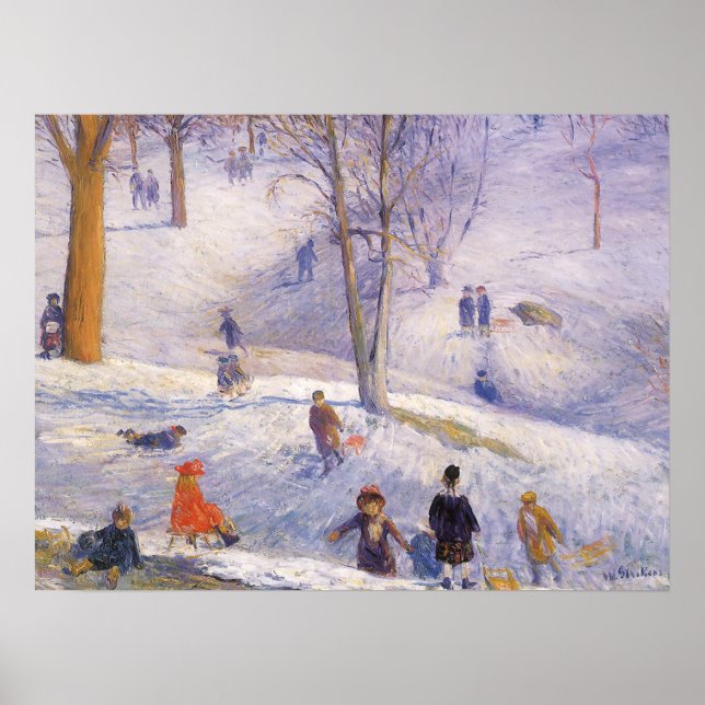 Vintage Christmas, Sledding, Central Park Glackens Poster (Front)