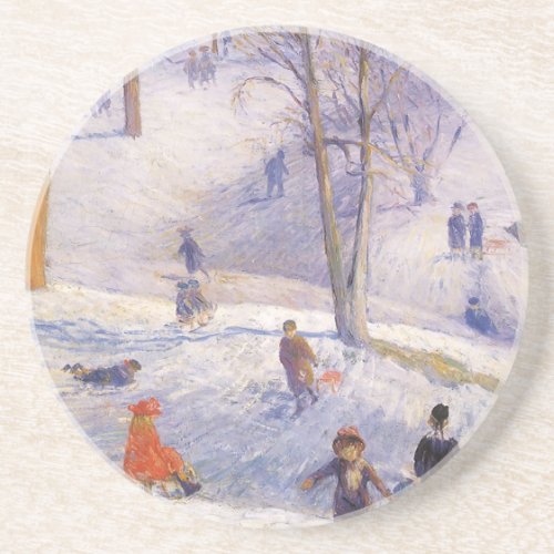 Vintage Christmas Sledding Central Park Glackens Sandstone Coaster