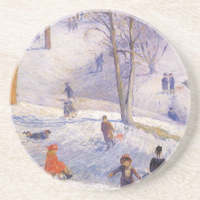 Vintage Christmas, Sledding, Central Park Glackens Sandstone Coaster (Front)