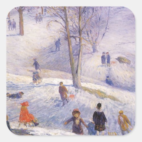 Vintage Christmas Sledding Central Park Glackens Square Sticker