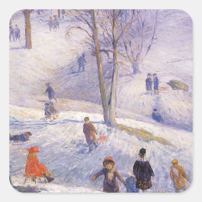Vintage Christmas, Sledding, Central Park Glackens Square Sticker (Front)