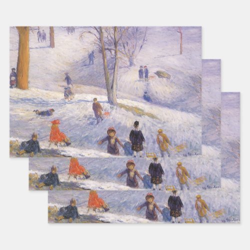 Vintage Christmas Sledding Central Park Glackens Wrapping Paper Sheets