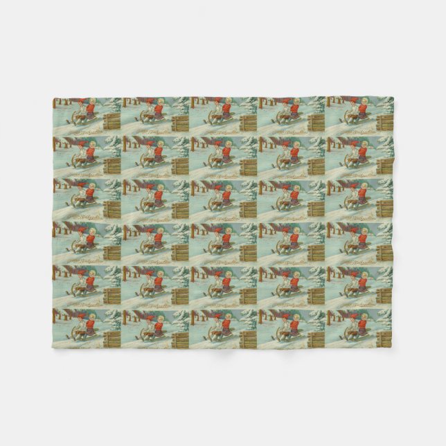 Vintage Christmas Sledding with Children Fleece Blanket (Front (Horizontal))